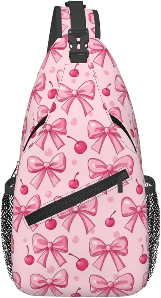 SUPLUCHOM Sling Bag Pink Bows Cherry Hiking Daypack Crossbody Shoulder Backpack Travel Chest Pack for Men Women