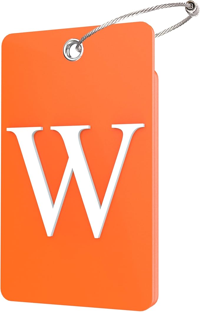 Gostwo 2 Pack Luggage Tags for Suitcases, 26 Initial Letter Travel Luggage Baggage Identification Labels ID Tag Fully Bendable Tags with Stainless Steel Loop (Orange) (Letter W)