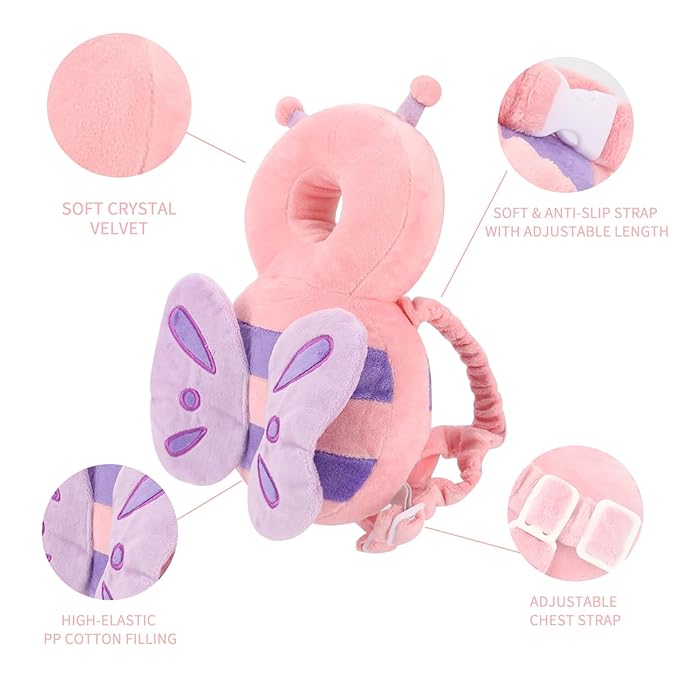 Baby Head Protector Backpack, Toddler Padded Carrier With Elasticated Wear (Pink Butterfly)