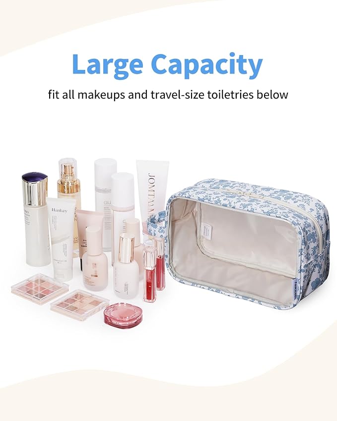 Narwey Clear Toiletry Bags for Traveling Women Men, Clear Travel Bags for Toiletries Makeup Bag Cosmetic Bag with Zipper, Make Up Organizer, Skincare Bag (Little Blue Flower)