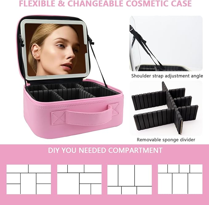 Travel Makeup Bag for Makeup Artists Large Makeup Case,with Mirror 3 Color Setting and Detachable 10x Magnifying Mirror Travel Makeup Bag,Portable Storage and Adjustable Dividers（Dark Pink）