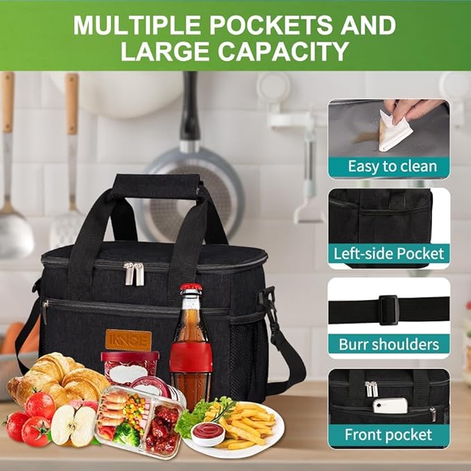 iknoe Insulated Lunch Bag, Foldable 8.5L Cooler Bag for Men & Women, Leakproof Thermal Design, Great for Office, Picnic, Travel, Lunch Box, Black