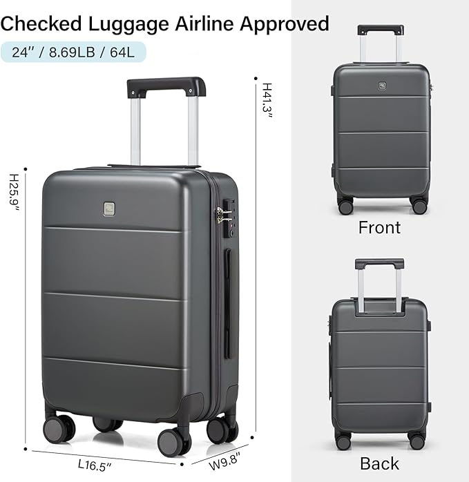 Hanke 24 Inch Checked Luggage with Spinner Wheels Hard Shell Suitcases Lightweight Travel TSA Luggage for Women Men Medium Suitcase(Graphite Grey)