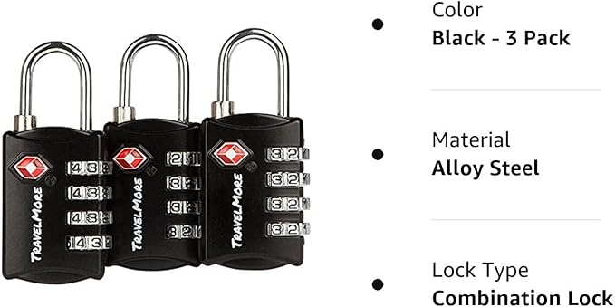 3 Pack TSA Luggage Locks with 4 Digit Combination – Heavy Duty Set Your Own Padlocks for Travel, Baggage, Suitcases & Backpacks - Black