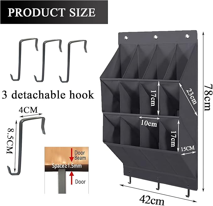 Over the Door Shoe Organizer, 12 Pockets Hanging Shoe Storage Rack with Large Deep Pockets, Oxford 600D Fabric Grey Shoe Storage Rack with 6 hook for Shoes, Slipper,Home Accessories etc-Black