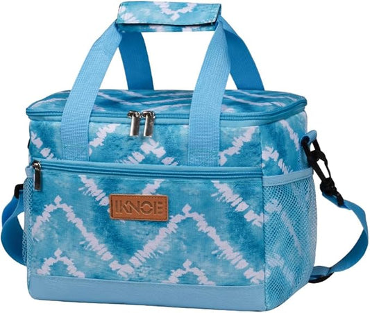 iknoe Large Foldable Cooler Bag, 8.5L Insulated Lunch Bag, Leakproof Lunch Cooler Tote with Multi-Bag Design Suitable for Beach, Picnic and Office Use, Blue White 15-Can