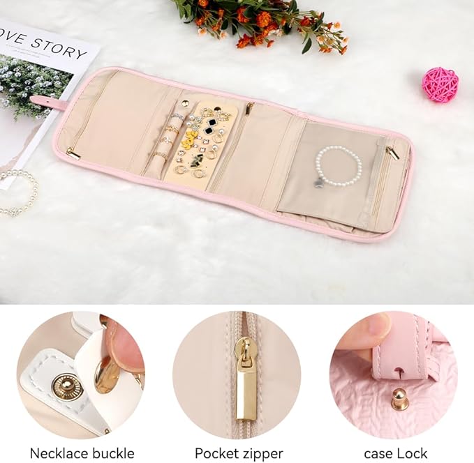 Voova Travel Jewelry Holder Organizer Case, Small Jewelry Storage Bag for Women Girls, Foldable Traveling Jewellery Pouch Roll for Necklaces Rings Earrings Bracelets, Mini, Light Pink