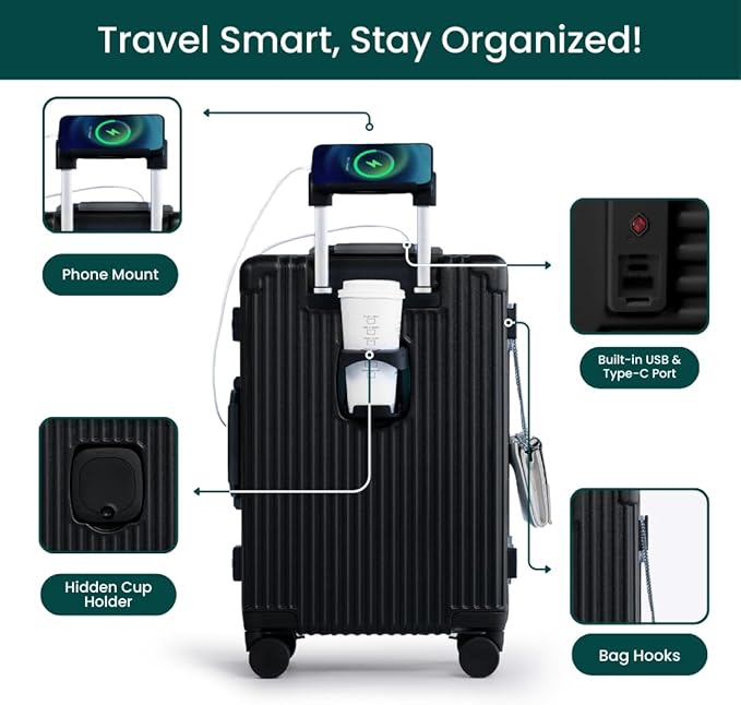 Nobl Travel Carry On Luggage, Noble Zipperless Aluminum Frame, 22.5x15x9.5, 360 Degree Spinner Wheels, TSA Locks, USB Charging Port, Cup & Phone Holder - Black