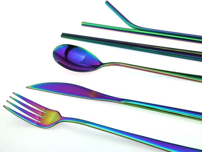 7 Pcs Portable Flatware Set, 304 Stainless Steel Cutlery Set Travel Utensils Set with Fork Spoon Chopsticks Straws for Travel Camping Office School, Dishwasher Safe & Eco-Friendly (Rainbow)