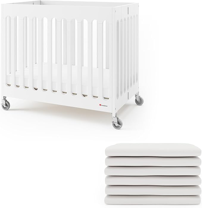 Foundations Boutique Folding Hotel Crib and Sheet Bundle - Includes Wooden Mini Crib with 3" Foam Mattress (White) and 6-Pack White Fitted Compact Sheets