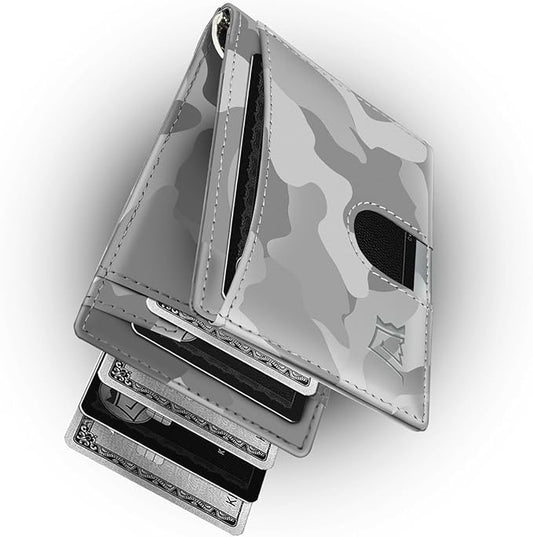 Kings Loot Money Clip Slim Minimalist Wallet for Men | RFID Blocking Leather Design with Money Clip | Front Pocket Bifold Holds 12 Cards | Stylish & Compact Wallets (Camo White)