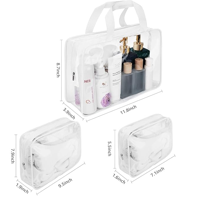 3Pcs Crystal Clear PVC Travel Toiletry Bag Kit for Women Men, Waterproof Vinyl Organizer Clear Makeup Bags with Zipper Handle Straps, Cosmetic Bag Pouch Carry on Airport Airline Compliant Bag Handbag