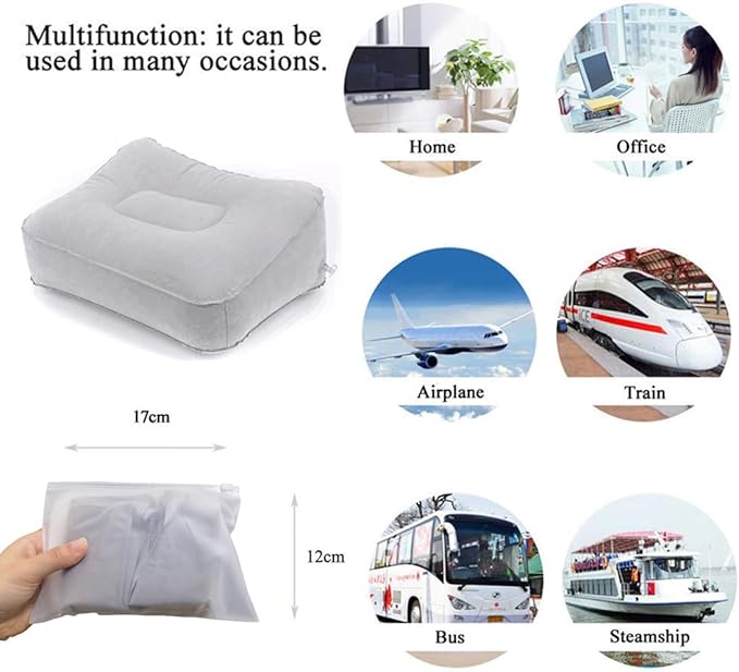 Inflatable Travel Foot Rest Pillow, Head Pad, Soft Flocking Pillow, Flights Relax Cushion Ottomans Leg Up with Air Pump for Office, Home Relax, Camping and Travel Use (Gray, 1 Pcs)