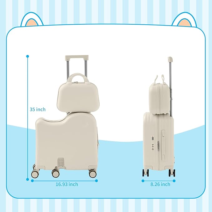 TABU Ride-on Luggage with Handbag for Kids，Hardshell Carry On Suitcase with Hidden Cup Holder, Foldable Pedal,Type-C & USB Interface, TSA Lock, 6-Spinner Wheels, White