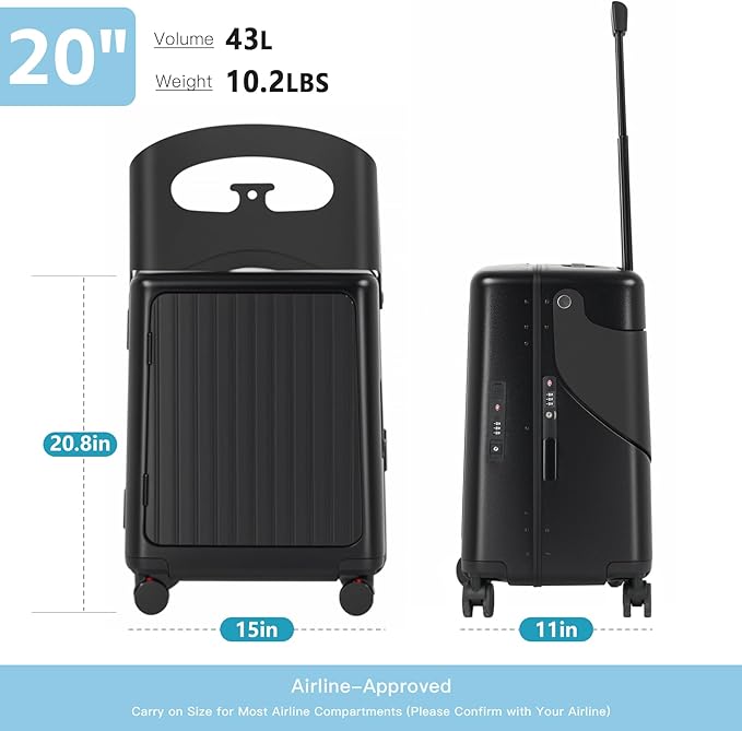 20" Carry-On Luggage with Seat for Kids & Adults, Lightweight Hardside Ride-On Suitcase with Front Opening, TSA Lock, 360° Spinner Wheels (Black, 20-inch)