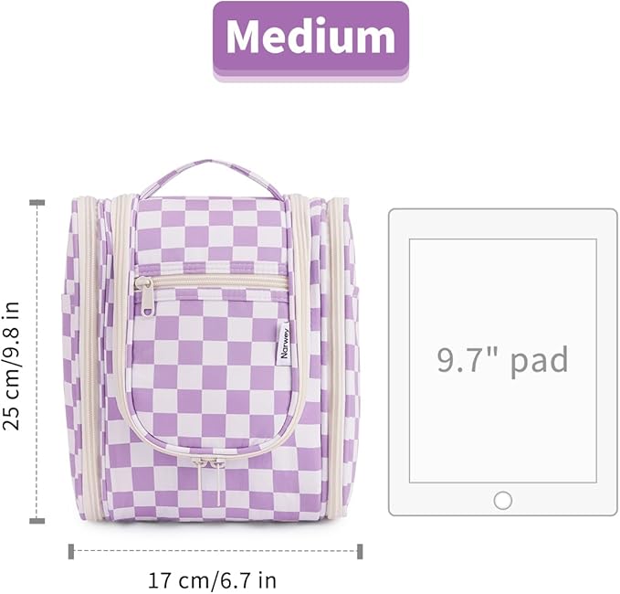 Narwey Small Checkered Hanging Travel Toiletry Bag for Women, Travel Bag for Toiletries, Makeup Bag Organizer Cosmetic Bags Make Up Bags for Women (Purple Checkerboard)