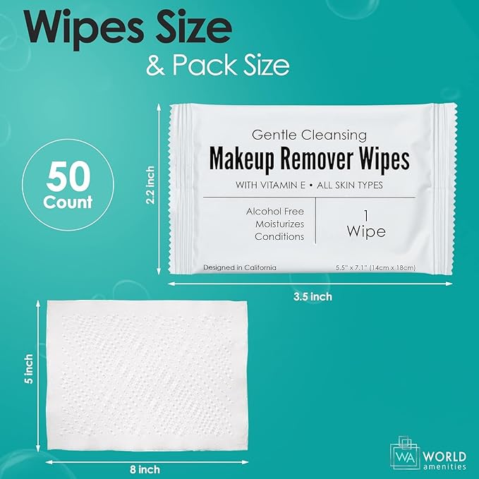 World Amenities - Bulk Makeup Remover Wipes | 50 Count | Individually Wrapped, Gentle Cleansing, Alcohol Free - All Skin Types - Vitamin E - 100% Recyclable, Hotel Travel Size Toiletries