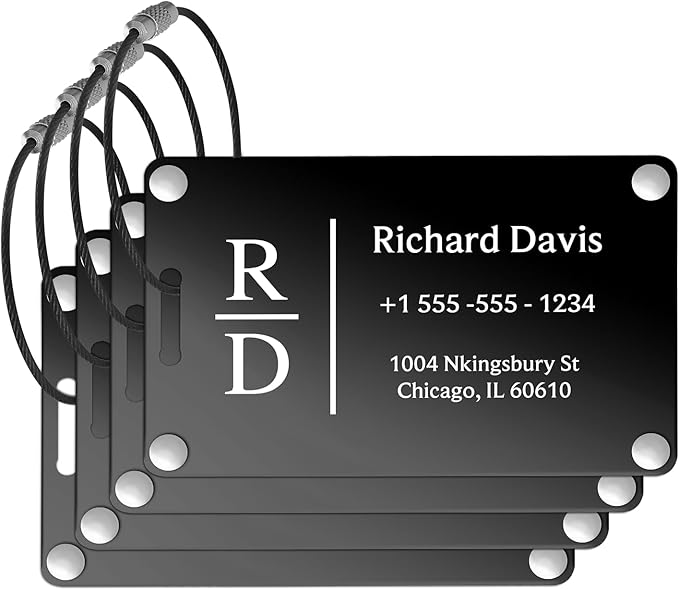 Luggage Tags for Suitcases 4 Pack: Personalized Luggage Tags for Backpacks & Bags Tags with Coustomizable Texts (Black)