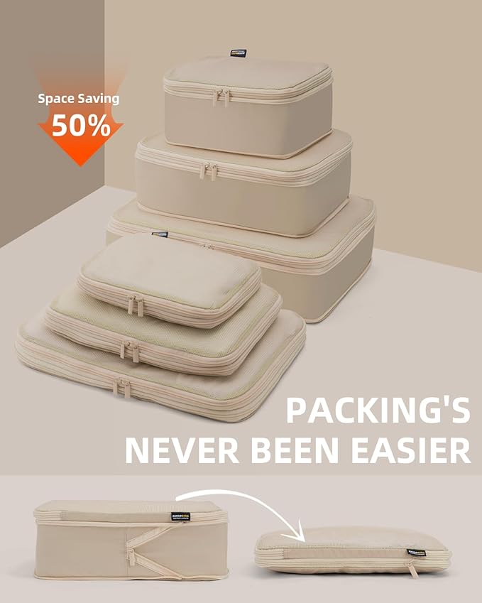 6 Set Compression Packing Cubes for Travel, Large Medium Small Luggage Organizers, Storage Bags for Clothes (6 Pack, Classic Khaki)