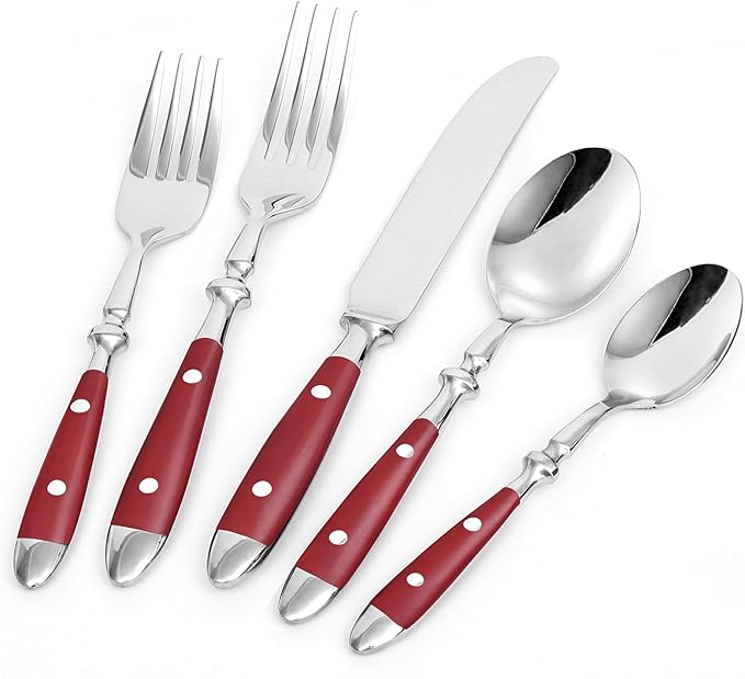 20-Piece Silverware Set for 4, High-end Everyday Flatware Set, Red Handles Cutlery Set, Retro Stainless Steel Forks and Spoons, Mirror Finished Utensil for Home Restaurant, Dishwasher Safe