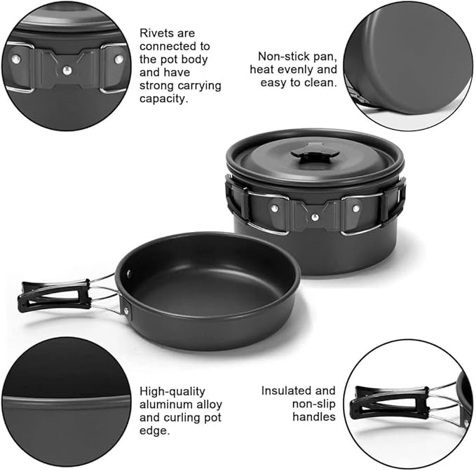 aiGear Camping Cookware Mess Kit, Non-Stick Camping Pan Pot Kettle, Lightweight Aluminum Camping Utensils, Collapsible Portable Camping Cooking Set for Outdoor Cooking Hiking Picnic