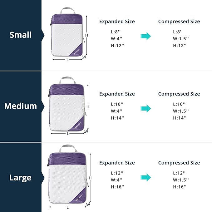 Compression Packing Cubes 3 Set, Compressible Space-Saving Packing Cubes for Travel - Compression Bags, Luggage Organizer, Travel Essentials for Women, Purple