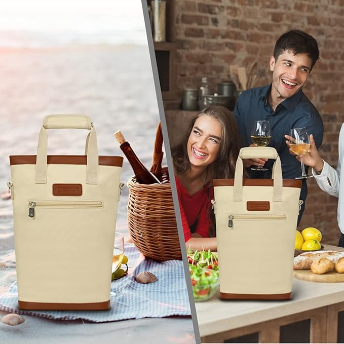 opux Two Bottle Wine Bag Carrier Tote, Insulated Leakproof 2 Bottle Wine Cooler Bag for Travel BYOB Picnic, Portable Wine Case, Gift for Men Women Wine Lover Birthday Party Christmas, Cream Beige