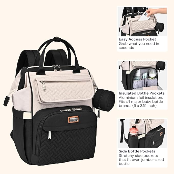 BabbleRoo Diaper Bag Backpack, Multifunction Nappy Changing Bag with Changing Pad, Stroller Straps & Pacifier Case, Unisex Stylish Travel Back Pack for Moms & Dads – Apricot & Black