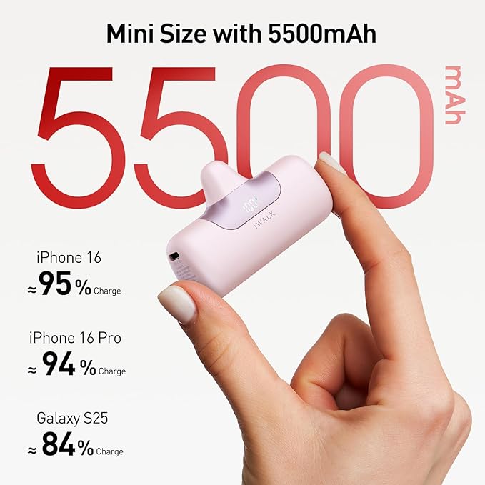 iWALK Portable Charger 5500mAh Next-Gen Small Power Bank 22.5W Fast Charging Battery USB-C Portable Phone Charger for iPhone 16/15 16 Plus 16 Pro Max iPad, Samsung Galaxy S25 S24 S23 Android, Pink