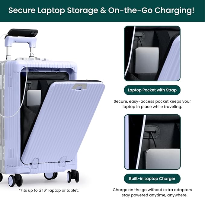 Nobl Travel Carry On Luggage, Noble Zipperless Aluminum Frame PC Hard Shell Suitcase, 20.8"x15"x8.7" Airline Approved, 360° Spinner Wheels, TSA Locks, USB Charging Port, Cup & Phone Holder - Lavender