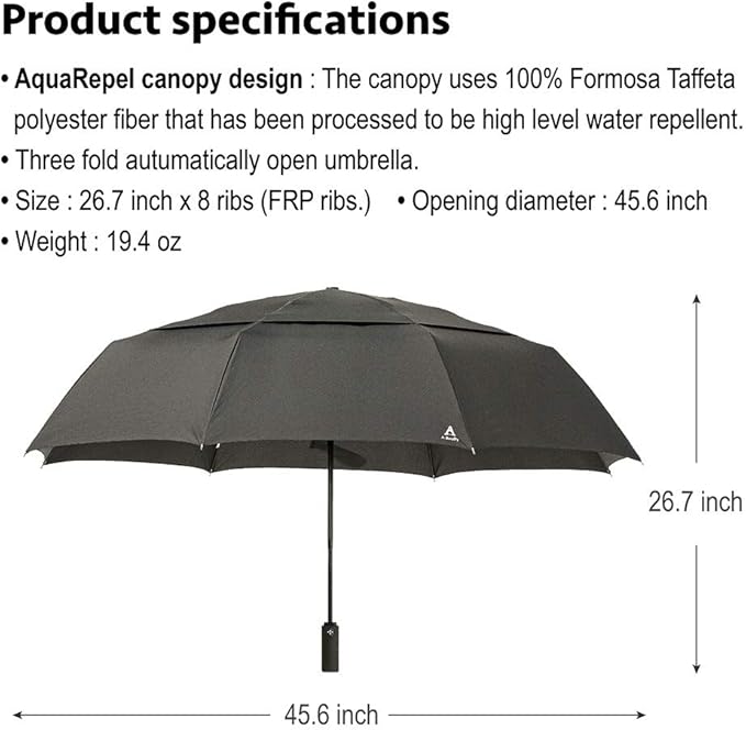 Portobello Large Umbrella For Rain - Big 54 Inch Double Vented Canopy, Folds Into Travel Size, Big Enough To Fit In 2 Adults, Heavy Duty, Sturdy, Windproof W/Auto Open Close