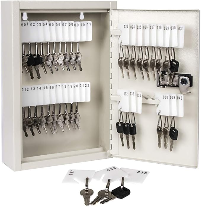 KYODOLED Key Storage Lock Box with Code, 40 Key Holder Wall Mount Cabinet with Combination Lock, Key Hooks & Tags Labels, 2.5" D x 8.1" W x 12.1" H, White