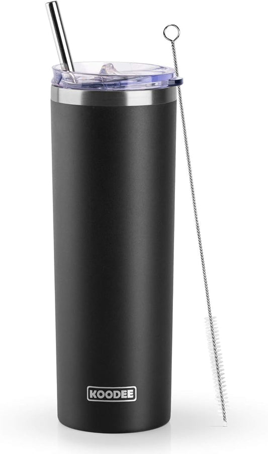 koodee 20 oz Stainless Steel Skinny Tumbler Double Wall Insulated Slim Water Tumbler Cup with Lids, Straws and Straw Brushes (Black)