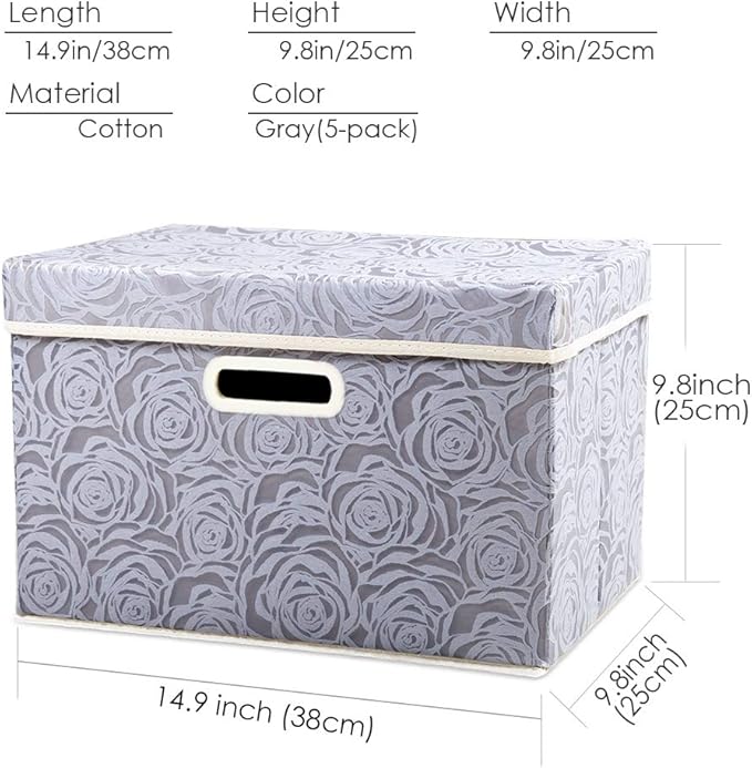 PRANDOM Foldable Storage Bins with Lids [5-Pack] Fabric Decorative Storage Box Cubes Organizer Containers Baskets with Cover Handles Divider for Bedroom Closet Living Room Grey 14.9x9.8x9.8 Inch