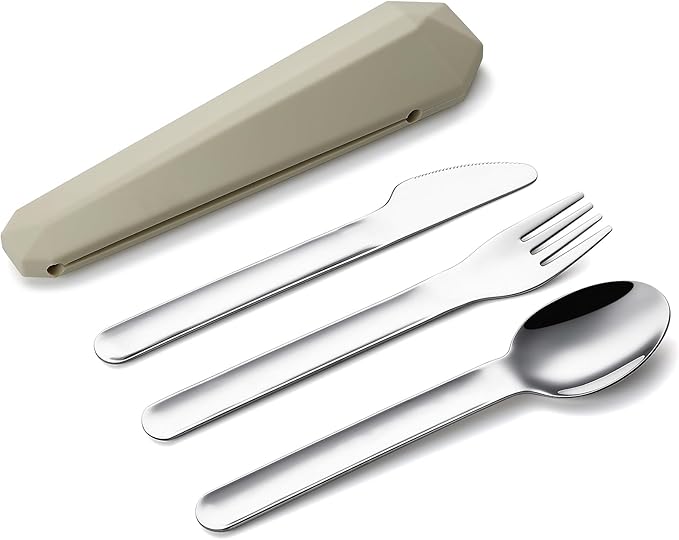 DEVICO Travel Utensils with Case, Reusable Camping Silverware Cutlery, 18/8 Stainless Steel Portable Fork Spoon Knife Set for Lunch Picnic School Workplace (Khaki)