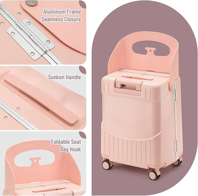22'' Hardside Ride-On Suitcase with Seat for Kids & Adults – Travel Luggage with 360° Spinner Wheels, Lockable TSA Lock & Seat Belts, Foldable Stool for Airport Waiting
