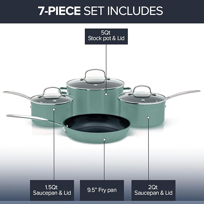 Nuwave Healthy Duralon Blue Ceramic Nonstick Coated 7pc Cookware Set, Scratch-Resistant Diamond Infused, PFAS Free, Induction Ready & Evenly Heats, Oven Safe, Tempered Glass Lids