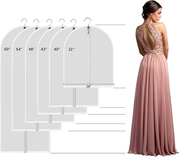 Clear Garment Bags Hanging Clothes Bags (Set of 6) for Closet Storage Plastic Bag with Zipper for Extra Longer Dress Wardrobe Closet Garment Dust Cover Bags - 24'' x 60''/6 Pack