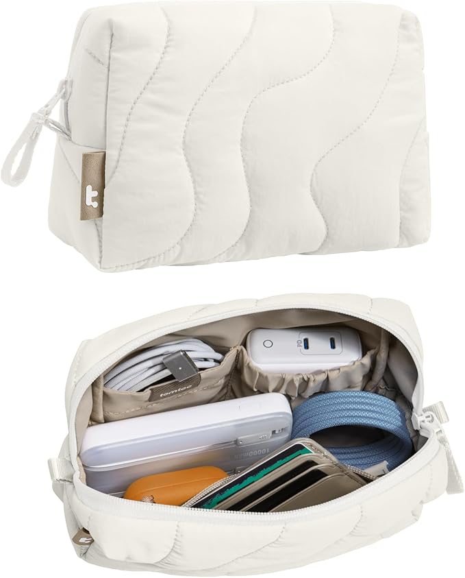tomtoc Electronics Organizer Travel Case, Soft Puffy Organizer Bag Birthday Christmas Gifts Travel Essentials for Women Girls, Portable Accessory Tech Pouch Storage for Charger, Cord, Cable, Phone