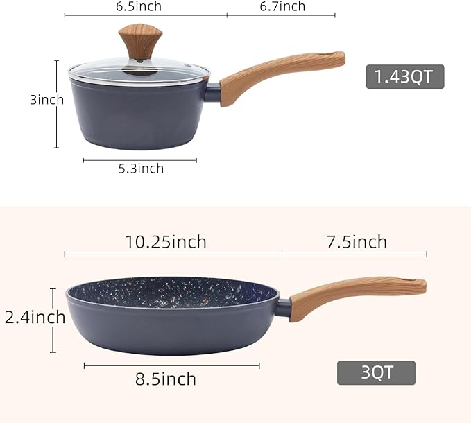 Nonstick Cookware Set, 2-Piece Non-Toxic Coated 10.25 Inch Frying Pan & Saucepan with Lid, PFOA Free Dishwasher Safe, Induction Compatible, Beginner Kitchen Pots and Pans Set, Black