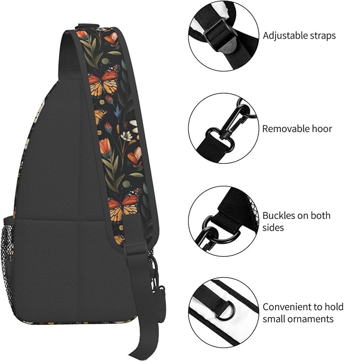 SUPLUCHOM Sling Bag Vintage Butterfly Daisy Leaf Hiking Daypack Crossbody Shoulder Backpack Travel Chest Pack for Men Women