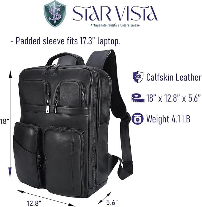 STAR VISTA Angelo 17.3" Premium Calfskin Leather Laptop Backpack for Men, Multi Pockets, Business Travel Bag, Casual Outdoor Rucksack, YKK Zippers, Black
