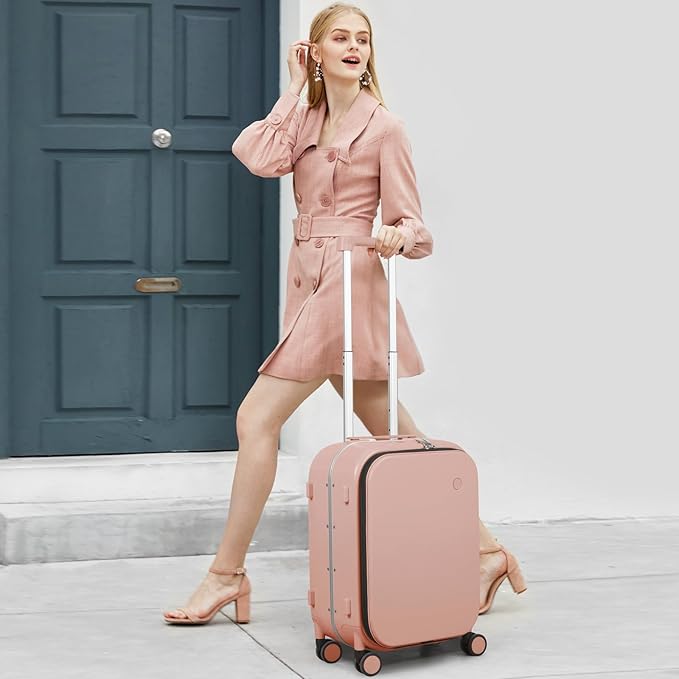 mixi Carry On Luggage, 20'' Suitcase with Front Laptop Pocket, Travel Rolling Luggage Aluminum Frame PC Hardside with Spinner Wheels & TSA Lock and Cover - Pink