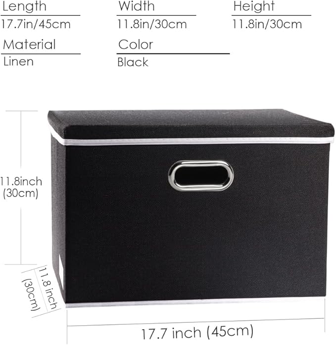 PRANDOM Large Foldable Storage Boxes with Lids [3-Pack] Fabric Collapsible Storage Bins Organizer Containers Baskets Cube with Cover for Home Bedroom Closet Office Nursery Black(17.7x11.8x11.8)