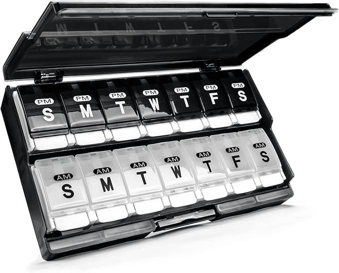 Extra Large Weekly Pill Organizer 2 Times a Day - Remtise Am/Pm Daily Pill Case Medicine Organizer, Push Button 7 Day Pill Box for Pills/Vitamin/Cod Liver Oil/Supplements (Black & White)