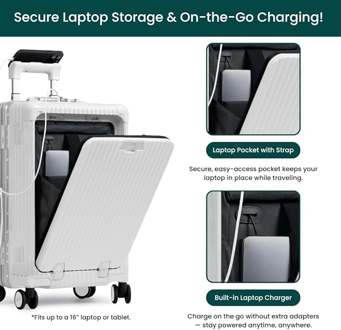 Nobl Travel Carry On Luggage, Noble Zipperless Aluminum Frame PC Hard Shell Suitcase, 22.5x15x9.5 Airline Approved, 360° Spinner Wheels, TSA Locks, USB Charging Port, Cup & Phone Holder - White