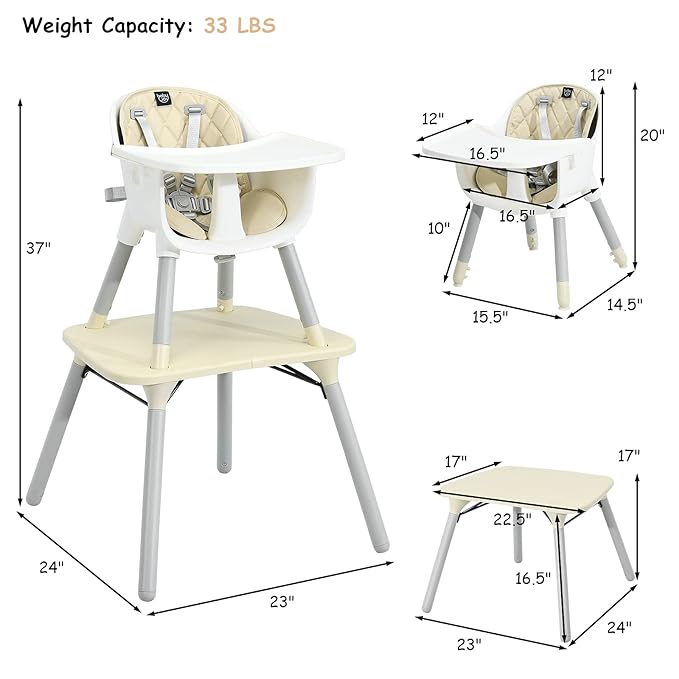 BABY JOY High Chair, 5 in 1 Convertible Highchair for Babies & Toddlers | Booster Seat | Table and Chair Set | Infant Feeding Chair with Removable Tray, Safety Harness, Removable Cushion (Beige)