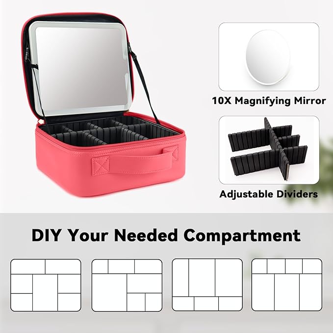 Travel Makeup Bag with LED Mirror and 10x magnifying glass with 3 Lighted Settings, Adjustable Dividers and Makeup Brush Storage Bag Light Red