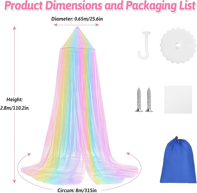 Mosquito Net for Bed, Large White Bed Canopy for Girls, Hanging Bed Net, Ideal for Bedroom Decorative, Travel with Storage Bag (Rainbow1)