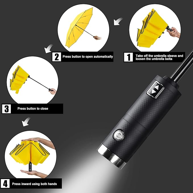 Lejorain Automatic Folding Umbrella Inverted - Upside Down Yellow Windproof Umbrella LED Flashlight Handle With Reflective Strip